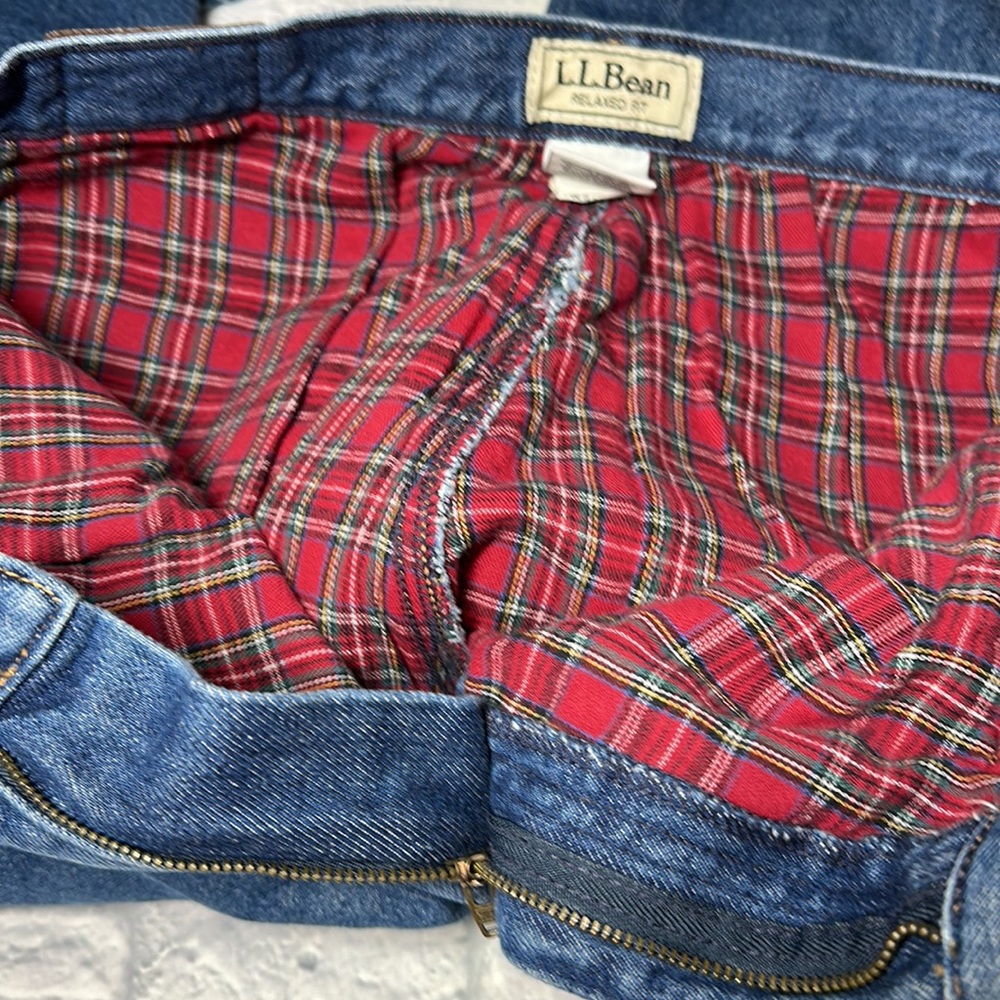 LL Bean Jeans Lined Flannel Cotton Red Blue Plaid High Waisted VINTAGE Size 14R